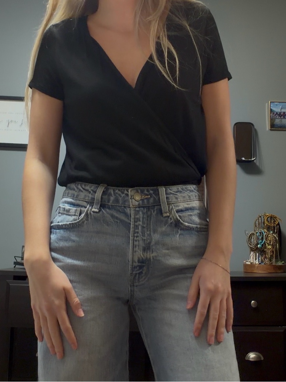 Lulu's Black Short-Sleeve Wrap V-Neck Top